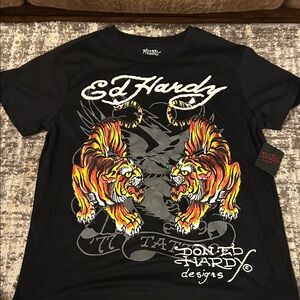New Ed Hardy Black Tee with Fierce Tiger Graphics